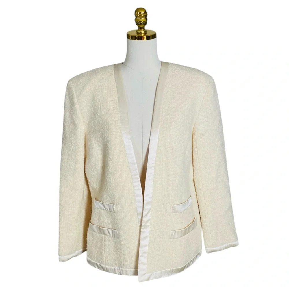 ALBERT NIPON | Women’s Cream Tweed with Ribbon Trim Open Blazer Jacket Size 10